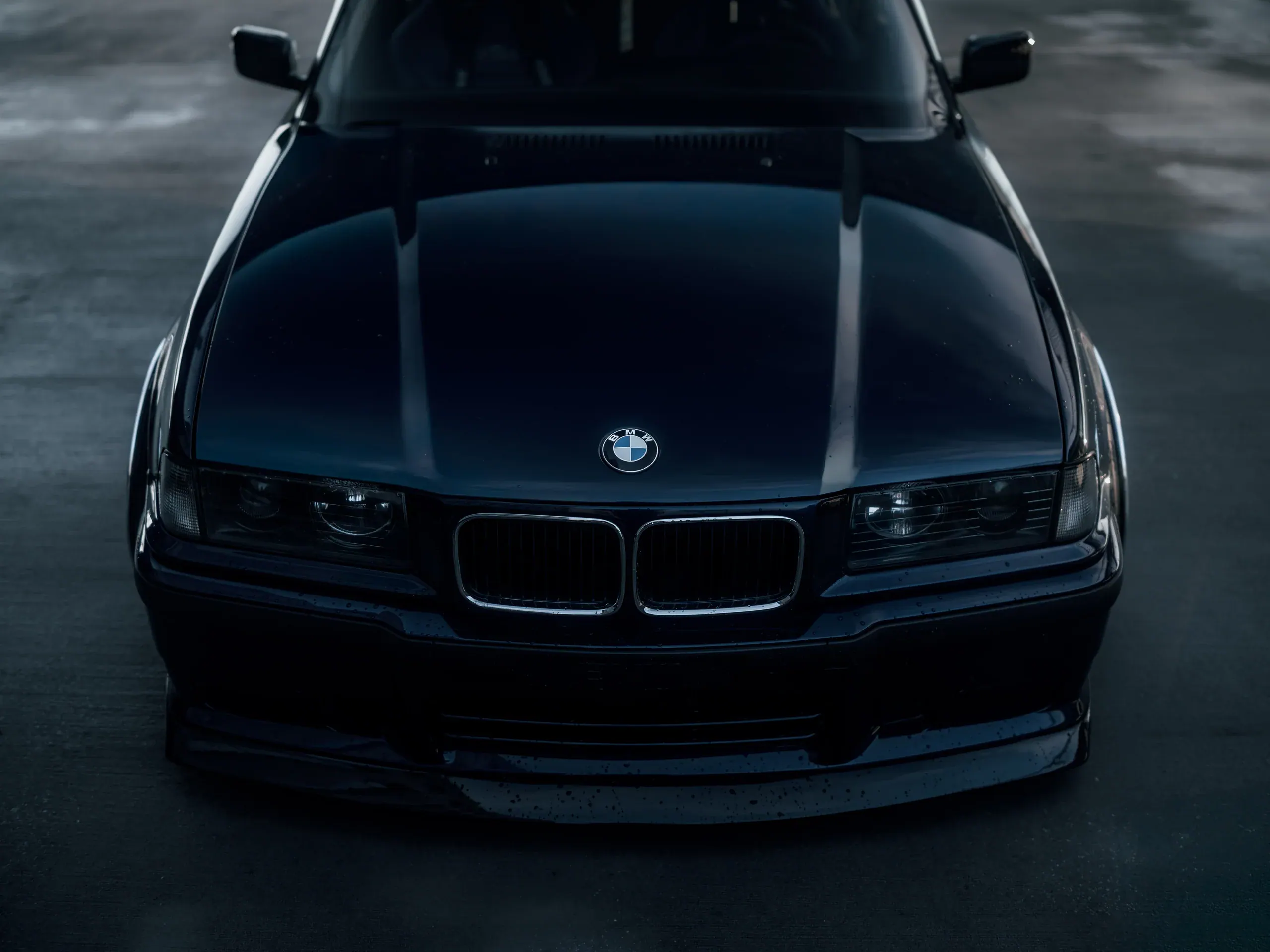 Front ciemnego BMW E36 sfotografowany nisko na mokrym parkingu.